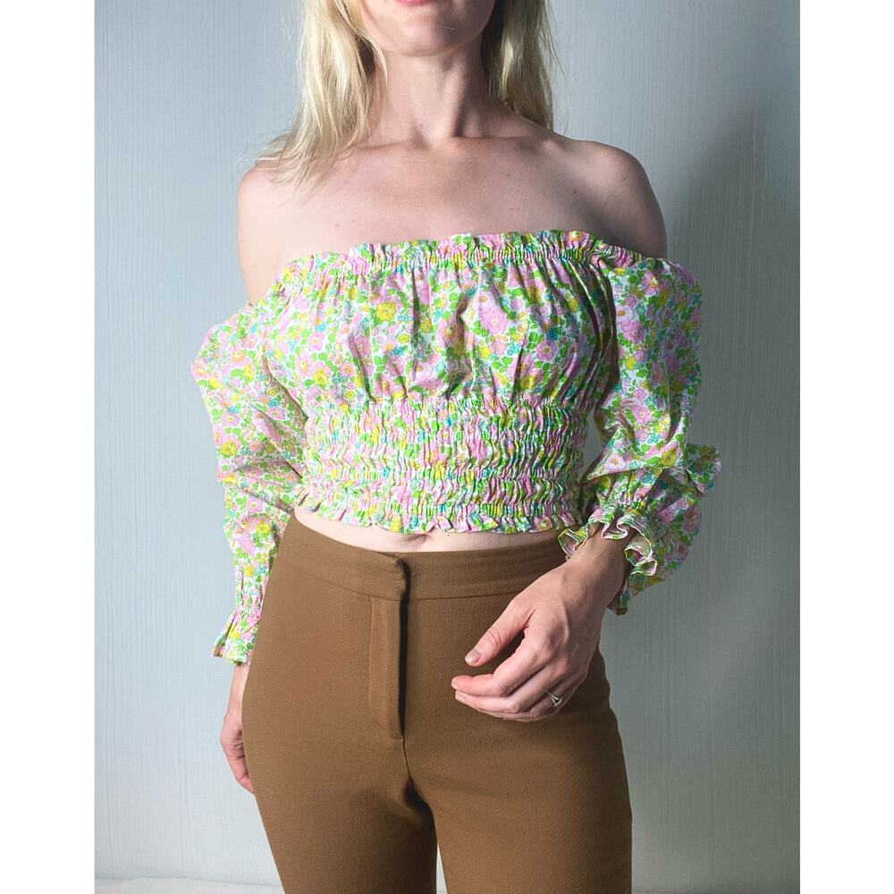 WITH JEAN Fonda Floral Smocked Long Sleeve Blouse US SMALL